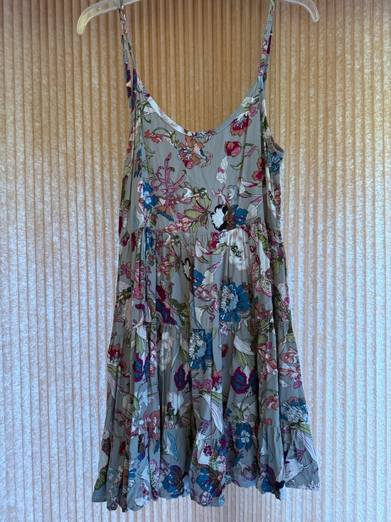 Bagus Dresses & Skirts - Bagus Floral Tiered Spaghetti Strap Sundress - Taupe with Pink/Teal Flowers